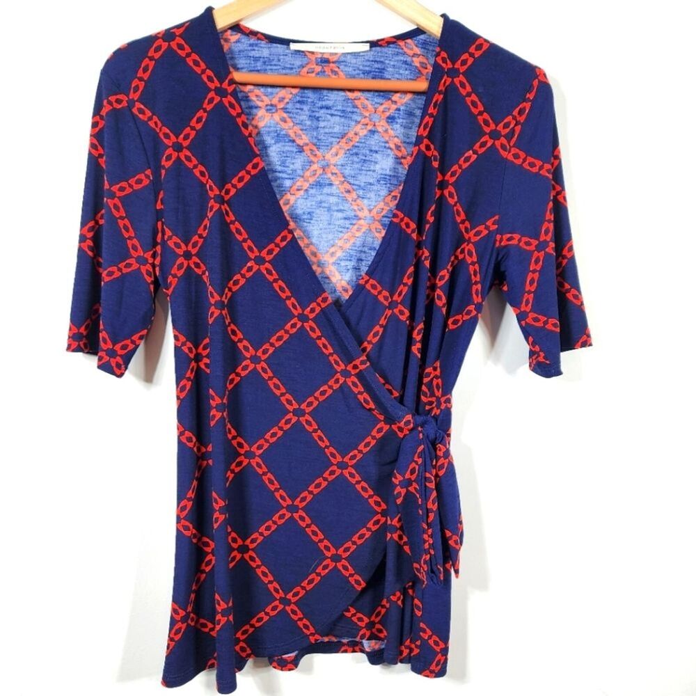 41 Hawthorn Red Blue Bethane Faux Wrap Blouse Top Size Small